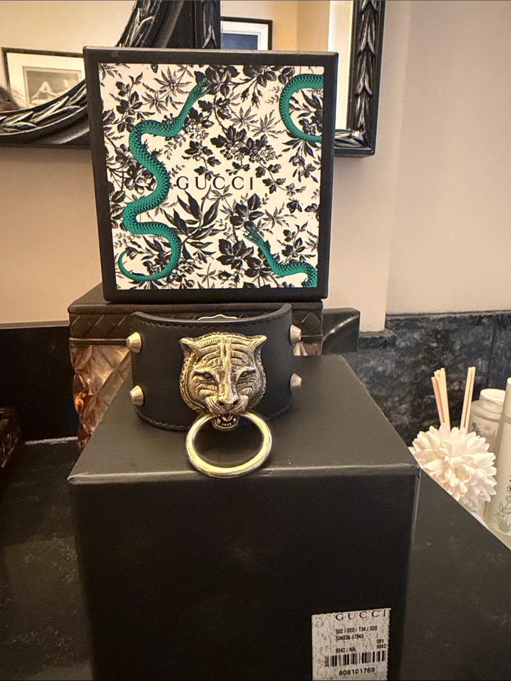 Gucci Black Leather Cuff with Gold Tiger Head Ring